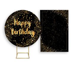 Painel De Festa Redondo 1,50x1,50 + Painel Vertical 1,50x2,20 - Efeito Brilhos Happy Birthday Dourado 017 Painel De Festa Redondo 1,50x1,50 + Painel Vertical 1,50x2,20 - Efeito Brilhos Happy Birthday Dourado 017