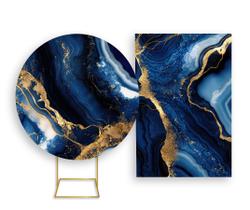 Painel De Festa Redondo 1,50x1,50 + Painel Vertical 1,50x2,20 - Efeito Mármore Azul com Dourado 42