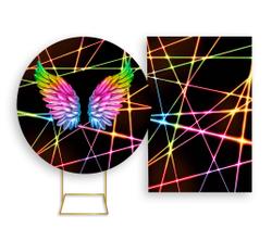 Painel De Festa Redondo 1,50x1,50 + Painel Vertical 1,50x2,20 - Fios Efeito Neon Asas 001