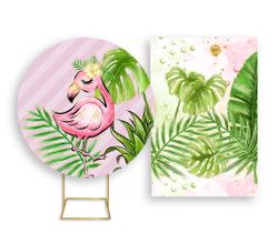 Painel De Festa Redondo 1,50x1,50 + Painel Vertical 1,50x2,20 - Flamingo Tropical Rosa 003
