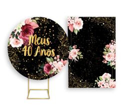 Painel De Festa Redondo 1,50x1,50 + Painel Vertical 1,50x2,20 - Flores Efeito Brilhos Meus 40 Anos Dourado 013