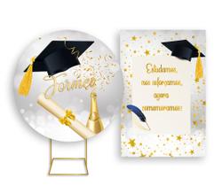 Painel De Festa Redondo 1,50x1,50 + Painel Vertical 1,50x2,20 - Formatura Prateado Capelo 002 Painel De Festa Redondo 1,50x1,50 + Painel Vertical 1,50x2,20 - Formatura Prateado Capelo 002