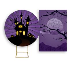 Painel De Festa Redondo 1,50x1,50 + Painel Vertical 1,50x2,20 - Halloween Roxo Listrado Castelo 010