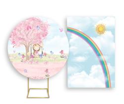 Painel De Festa Redondo 1,50x1,50 + Painel Vertical 1,50x2,20 - Jardim Menina Balanço 003 Painel De Festa Redondo 1,50x1,50 + Painel Vertical 1,50x2,20 - Jardim Menina Balanço 003