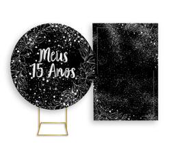 Painel De Festa Redondo 1,50x1,50 + Painel Vertical 1,50x2,20 - Meus 15 Anos Prateado 019