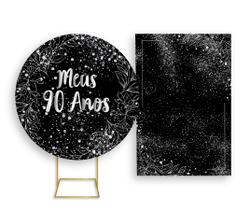 Painel De Festa Redondo 1,50x1,50 + Painel Vertical 1,50x2,20 - Meus 90 Anos Prateado 051