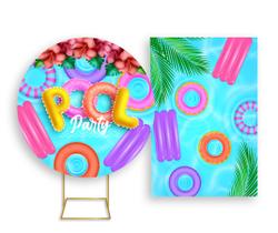 Painel De Festa Redondo 1,50x1,50 + Painel Vertical 1,50x2,20 - Pool Party Piscina Rosa 004 Painel De Festa Redondo 1,50x1,50 + Painel Vertical 1,50x2,20 - Pool Party Piscina Rosa 004