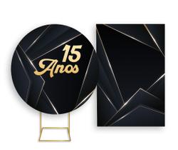 Painel De Festa Redondo 1,50x1,50 + Painel Vertical 1,50x2,20 - Preto e Dourado 15 Anos 058