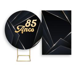Painel De Festa Redondo 1,50x1,50 + Painel Vertical 1,50x2,20 - Preto e Dourado 85 Anos 084