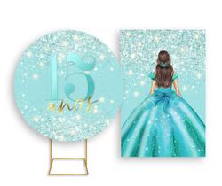 Painel De Festa Redondo 1,50x1,50 + Painel Vertical 1,50x2,20 - Princesa 15 Anos Efeito Glitter 002
