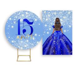 Painel De Festa Redondo 1,50x1,50 + Painel Vertical 1,50x2,20 - Princesa 15 Anos Efeito Glitter Azul 059 Painel De Festa Redondo 1,50x1,50 + Painel Vertical 1,50x2,20 - Princesa 15 Anos Efeito Glitter Azul 059