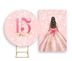 Painel De Festa Redondo 1,50x1,50 + Painel Vertical 1,50x2,20 - Princesa 15 Anos Efeito Glitter Rosa 062