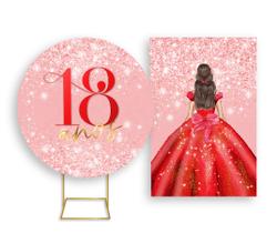 Painel De Festa Redondo 1,50x1,50 + Painel Vertical 1,50x2,20 - Princesa 18 Anos Efeito Glitter Vermelho 070