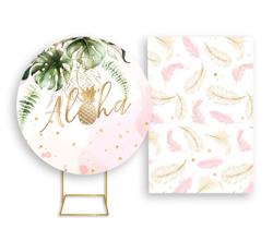 Painel De Festa Redondo 1,50x1,50 + Painel Vertical 1,50x2,20 - Tropical Aloha Aquarela Rosa 007