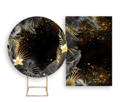 Painel De Festa Redondo 1,50x1,50 + Painel Vertical 1,50x2,20 - Tropical Chique Preto com Dourado 009 Painel De Festa Redondo 1,50x1,50 + Painel Vertical 1,50x2,20 - Tropical Chique Preto com Dourado 009