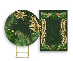 Painel De Festa Redondo 1,50x1,50 + Painel Vertical 1,50x2,20 - Tropical Chique Verde com Dourado 008 Painel De Festa Redondo 1,50x1,50 + Painel Vertical 1,50x2,20 - Tropical Chique Verde com Dourado 008