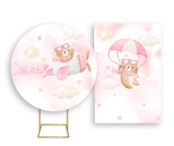 Painel De Festa Redondo 1,50x1,50 + Painel Vertical 1,50x2,20 - Ursinha Aviadora Rosa e Bege 029