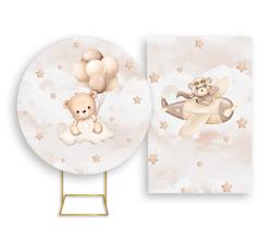 Painel De Festa Redondo 1,50x1,50 + Painel Vertical 1,50x2,20 - Ursinho de Pelucia Bege 025