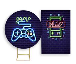 Painel De Festa Redondo 1,50x1,50 + Painel Vertical 1,50x2,20 - Video Game Efeito Neon 006 Painel De Festa Redondo 1,50x1,50 + Painel Vertical 1,50x2,20 - Video Game Efeito Neon 006
