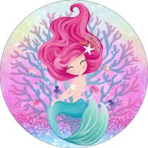 Painel De Festa Redondo 1,50x1,50 - Sereia Corais Efeito Glitter 008