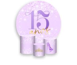 Painel De Festa Redondo 1,50x1,50 + Trio De Capas Cilindro - 15 Anos Efeito Glitter Lilás 310 Painel De Festa Redondo 1,50x1,50 + Trio De Capas Cilindro - 15 Anos Efeito Glitter Lilás 310