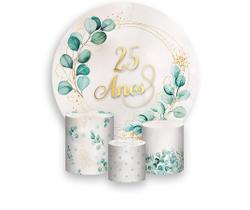 Painel De Festa Redondo 1,50x1,50 + Trio De Capas Cilindro - 25 Anos Geométrico Folhagens016