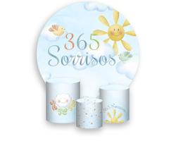 Painel De Festa Redondo 1,50x1,50 + Trio De Capas Cilindro - 365 Sorrisos com Passarinhos 062