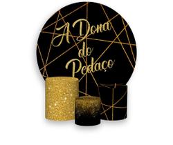 Painel De Festa Redondo 1,50x1,50 + Trio De Capas Cilindro - A Dona do Pedaço Riscos Efeito Glitter Dourado 01