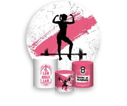 Painel De Festa Redondo 1,50x1,50 + Trio De Capas Cilindro - Academia Rosa 012 Painel De Festa Redondo 1,50x1,50 + Trio De Capas Cilindro - Academia Rosa 012