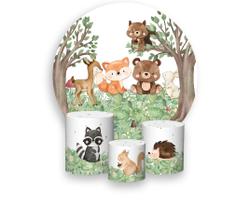 Painel De Festa Redondo 1,50x1,50 + Trio De Capas Cilindro - Animais no Bosque Cute 037 Painel De Festa Redondo 1,50x1,50 + Trio De Capas Cilindro - Animais no Bosque Cute 037