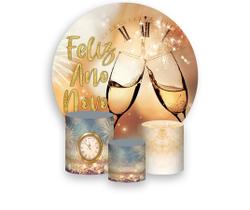 Painel De Festa Redondo 1,50x1,50 + Trio De Capas Cilindro - Ano Novo Dourado Fogos 003 Painel De Festa Redondo 1,50x1,50 + Trio De Capas Cilindro - Ano Novo Dourado Fogos 003