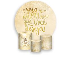 Painel De Festa Redondo 1,50x1,50 + Trio De Capas Cilindro - Ano Novo Que Você Deseja Dourado 009