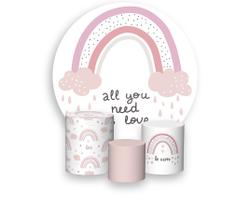 Painel De Festa Redondo 1,50x1,50 + Trio De Capas Cilindro - Arco-Íris Boho Cute 001