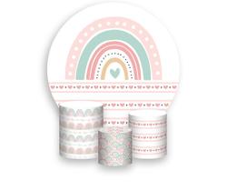 Painel De Festa Redondo 1,50x1,50 + Trio De Capas Cilindro - Arco-ìris Boho Rosa e Verde 008