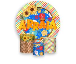 Painel De Festa Redondo 1,50x1,50 + Trio De Capas Cilindro - Arraiá Girassóis 035