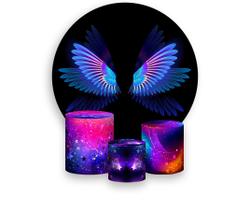 Painel De Festa Redondo 1,50x1,50 + Trio De Capas Cilindro - Asas Azul Efeito Neon 010