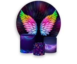 Painel De Festa Redondo 1,50x1,50 + Trio De Capas Cilindro - Asas Colorida Efeito Neon 004