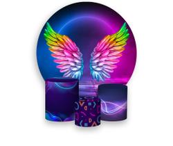 Painel De Festa Redondo 1,50x1,50 + Trio De Capas Cilindro - Asas Colorida Efeito Neon 006