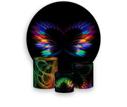 Painel De Festa Redondo 1,50x1,50 + Trio De Capas Cilindro - Asas Multicoloridas Efeito Neon 009