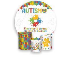 Painel De Festa Redondo 1,50x1,50 + Trio De Capas Cilindro - Autismo Quebra Cabeça Colorido 001