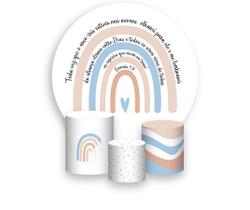 Painel De Festa Redondo 1,50x1,50 + Trio De Capas Cilindro - Bebê Arco-Íris Azul e Bege 009 Painel De Festa Redondo 1,50x1,50 + Trio De Capas Cilindro - Bebê Arco-Íris Azul e Bege 009