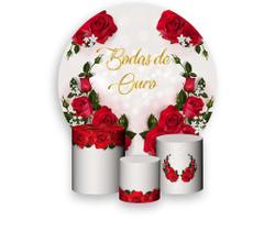 Painel De Festa Redondo 1,50x1,50 + Trio De Capas Cilindro - Bodas de Ouro Rosas Vermelhas 002 - Via Cores