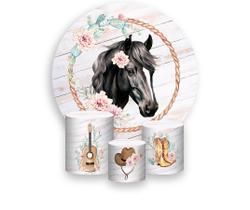 Painel De Festa Redondo 1,50x1,50 + Trio De Capas Cilindro - Boiadeira Cavalo Com Flores 017