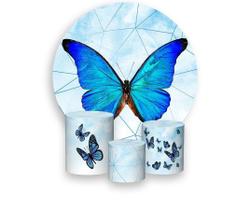 Painel De Festa Redondo 1,50x1,50 + Trio De Capas Cilindro - Borboleta Azul Céu Aquarela 003 Painel De Festa Redondo 1,50x1,50 + Trio De Capas Cilindro - Borboleta Azul Céu Aquarela 003
