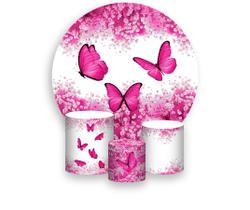 Painel De Festa Redondo 1,50x1,50 + Trio De Capas Cilindro - Borboleta Pink Floral 021 Painel De Festa Redondo 1,50x1,50 + Trio De Capas Cilindro - Borboleta Pink Floral 021