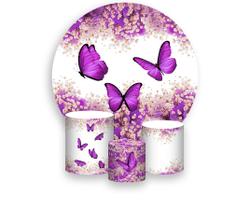 Painel De Festa Redondo 1,50x1,50 + Trio De Capas Cilindro - Borboleta Roxo Floral 023 Painel De Festa Redondo 1,50x1,50 + Trio De Capas Cilindro - Borboleta Roxo Floral 023