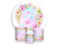 Painel De Festa Redondo 1,50x1,50 + Trio De Capas Cilindro - Borboletas Aquarela Floral 011 Painel De Festa Redondo 1,50x1,50 + Trio De Capas Cilindro - Borboletas Aquarela Floral 011