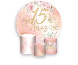Painel De Festa Redondo 1,50x1,50 + Trio De Capas Cilindro - Borboletas e Flores 15 Anos 338 Painel De Festa Redondo 1,50x1,50 + Trio De Capas Cilindro - Borboletas e Flores 15 Anos 338