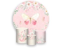 Painel De Festa Redondo 1,50x1,50 + Trio De Capas Cilindro - Borboletas Floral Rosa 018 Painel De Festa Redondo 1,50x1,50 + Trio De Capas Cilindro - Borboletas Floral Rosa 018