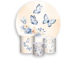 Painel De Festa Redondo 1,50x1,50 + Trio De Capas Cilindro - Borboletas Flores Azul e Bege 030 Painel De Festa Redondo 1,50x1,50 + Trio De Capas Cilindro - Borboletas Flores Azul e Bege 030